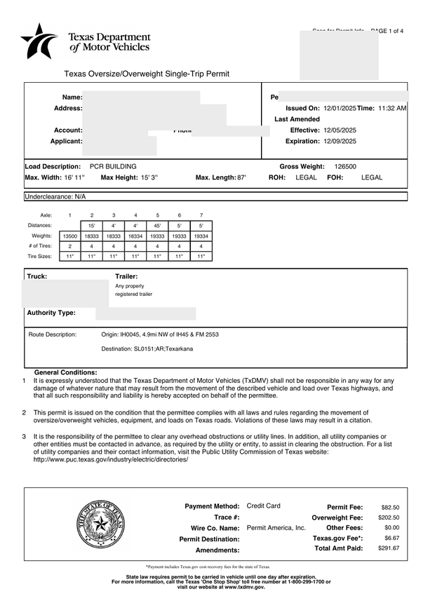 A Texas Department of Motor Vehicles oversize/overweight single-trip permit. The carrier name, address, account, applicant, phone, permit number, VIN and USDOT number are blanked out. The load description, dimensions, axle table and route description remain readable.